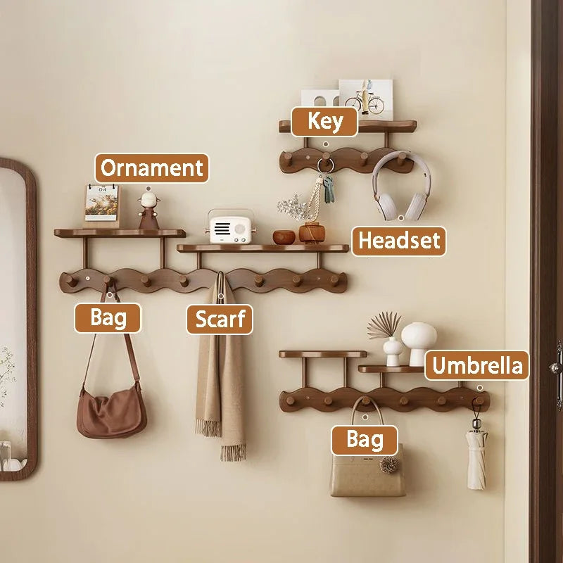 HomeHaven Wall Organizer – Wooden Shelf with Hanging Hooks