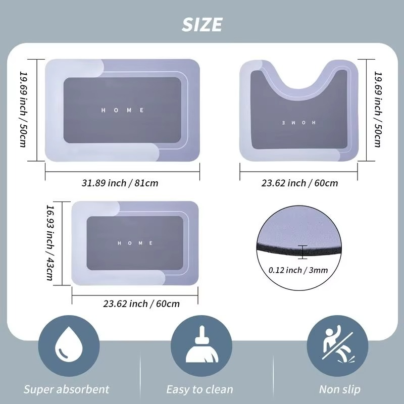 3pc Quick-Dry Bath Mat Set