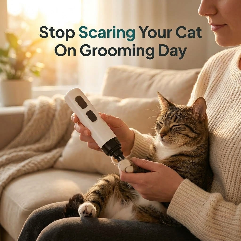 A person holds a tabby cat on their lap while using a white and black electric pet nail grinder. The scene is set in a warm, sunlit living room with a beige couch in the background.