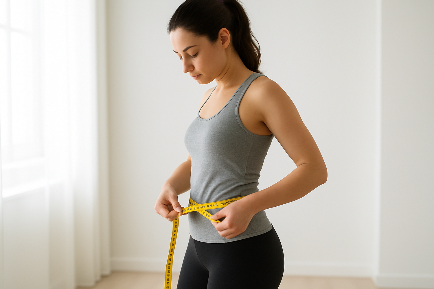 create an image of a woman measuring her waist with a measuring tape around the widest part of the hip